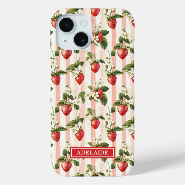 Coques Case-Mate iPhone Fraises à l'aquarelle sur rayures monogrammées (Verso)