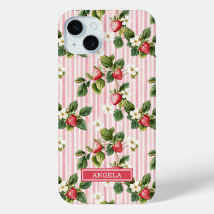 Coque Case-Mate iPhone Fraises à l'aquarelle sur rayures roses