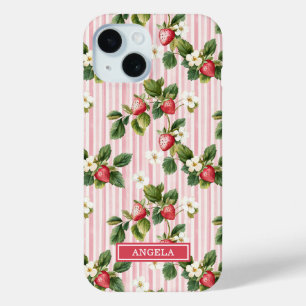 Coque Case-Mate iPhone Fraises à l'aquarelle sur rayures roses