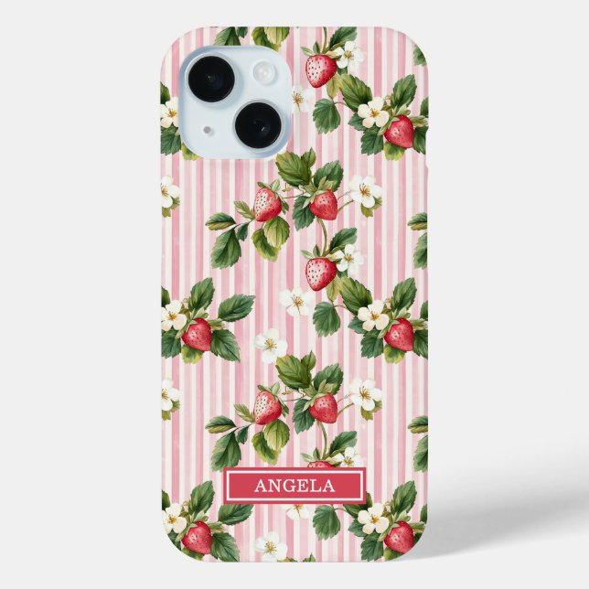 Coques Case-Mate iPhone Fraises à l'aquarelle sur rayures roses (Verso)