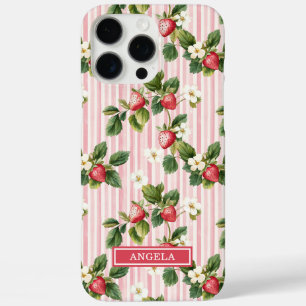 Coque iPhone 16 Pro Max Fraises à l'aquarelle sur rayures roses