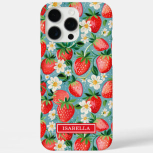 Coque iPhone 16 Pro Max Fraises Aquarelle Sur Monogramme Bleu
