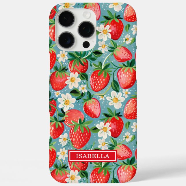 Coques Case-Mate iPhone Fraises Aquarelle Sur Monogramme Bleu (Verso)