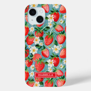 Coque Case-Mate iPhone Fraises Aquarelle Sur Monogramme Bleu