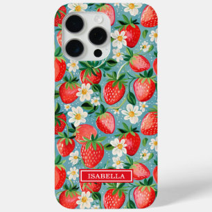 Coque Case-Mate iPhone Fraises Aquarelles Sur Monogramme Bleu