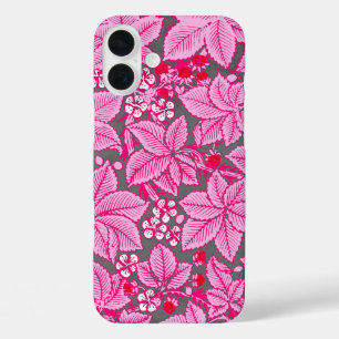 Coque Pour iPhone 16 Plus Fraises et Feuilles Art Nouveau, rose et gris
