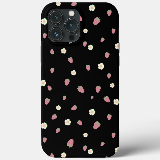 Coques Case-Mate iPhone Fraises et fleurs Motif noir (Verso)