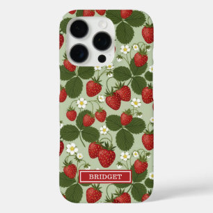 Coque iPhone 16 Pro Fraises sur monogramme vert