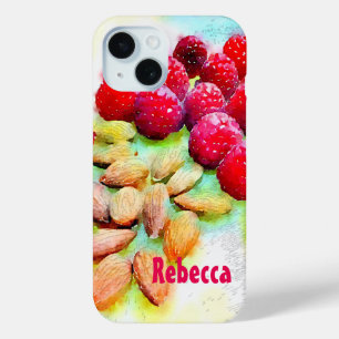 Coque Pour iPhone 15 Framboises et amandes Snack Aquarelle