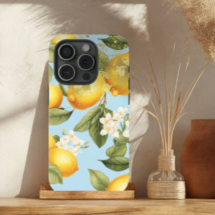 Coque Case-Mate iPhone Fruit de citron jaune, bleu clair et or esthétique