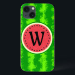 Coques Pour iPhone Fruit d'été de la tranche de pastèque avec Monogra<br><div class="desc">Ce joli monogramme de pastèque a un fruit rond qui semble avoir été tranché, donc la chair rose-rouge juteuse du melon se manifeste à travers, avec un cercle de graines de pastèque noires. La baie a également un motif à croûte mouchetée vert moucheté. Utilisez le modèle pour ajouter facilement votre...</div>