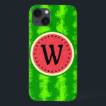 Coques Pour iPhone Fruit d'été de la tranche de pastèque avec Monogra<br><div class="desc">Ce joli monogramme de pastèque a un fruit rond qui semble avoir été tranché, donc la chair rose-rouge juteuse du melon se manifeste à travers, avec un cercle de graines de pastèque noires. La baie a également un motif à croûte mouchetée vert moucheté. Utilisez le modèle pour ajouter facilement votre...</div>