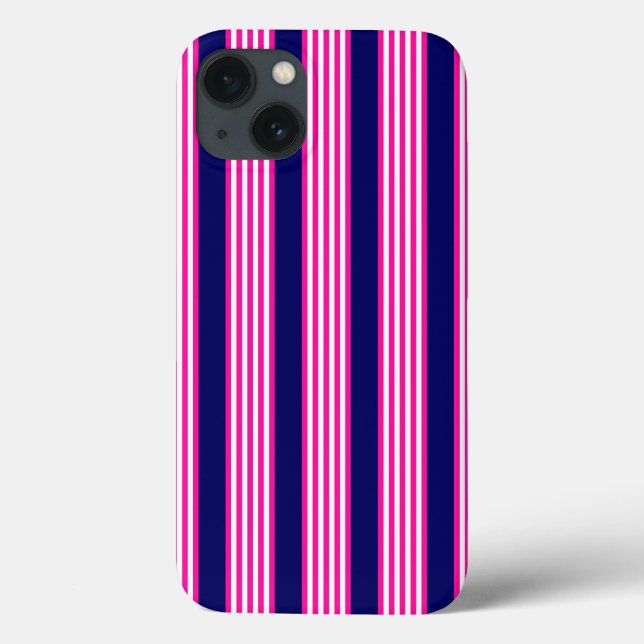 Coques Case-Mate iPhone Fuchsia et blanc cinq bandes motif avec bleu (Verso)