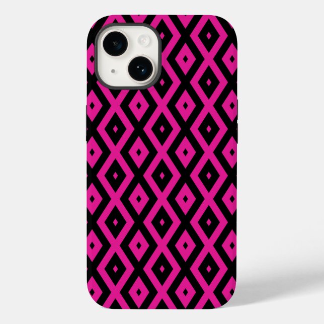 Coques Case-Mate iPhone Fuchsia et motif de diamants noirs (Verso)