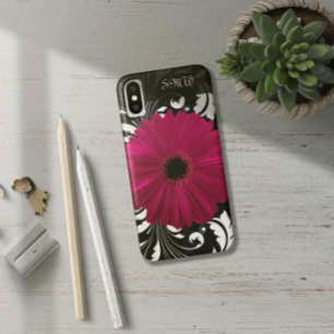 Coque iPhone X Fuchsia Gerbera Daisy avec Black and White Swirl