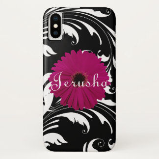 Coque iPhone X Fuchsia Gerbera rose marguerite noir/blanc tourbil
