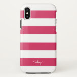 Case-Mate iPhone Case Fuchsia rose & blanc bande personnalisée<br><div class="desc">Le coque personnalisé chic présente des bandes larges classiques dans magenta rose et blanc éclatant,  avec votre nom,  monogramme ou phrase préférée en écriture de script moderne. Le design Preppy est parfait pour ajouter style et protection à votre téléphone dans une palette de couleurs chic rose fushia et blanc.</div>