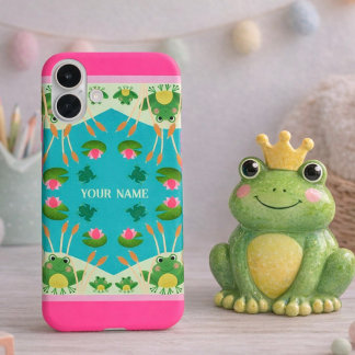 Coque Pour iPhone 16 Plus Fun Frog Pattern Pink Green Custom Name