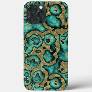 Etui iPhone 13 Pro Max Funky Turquoise Green Faux Gold Swirls Art Motif