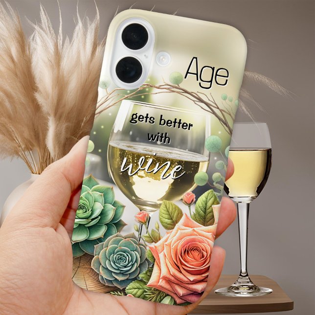 Coques Case-Mate iPhone Funny Dreamy Chic Floral White Wine Phone Case (Funny phone case featuring a glass of white wine with roses and succulents)