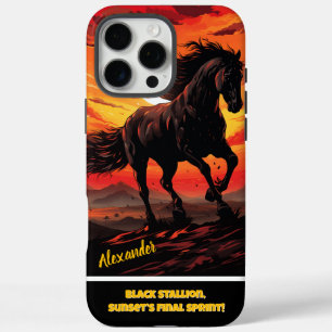 Coque iPhone 16 Pro Max Galeries de chevaux noirs au coucher du soleil