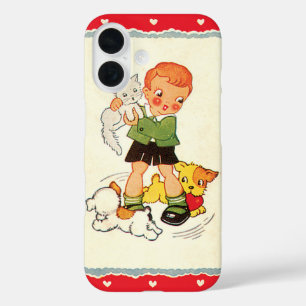 Coque Pour iPhone 16 Garçon vintage sauvant un chaton de chiots de cour