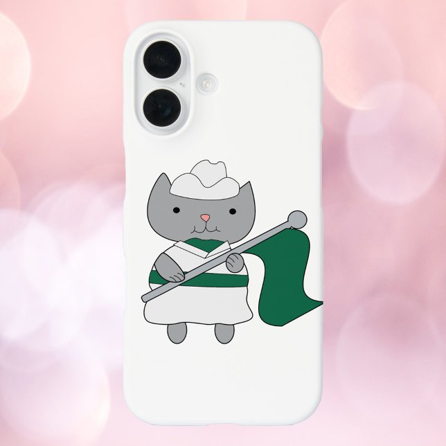 Coques Case-Mate iPhone Garde couleur chat vert blanc (A phone case with a gray cat wearing a green and white color guard uniform.)