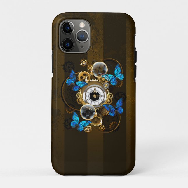 Coques Case-Mate iPhone Gears of Steampunk and Blue Butterflies (Dos)