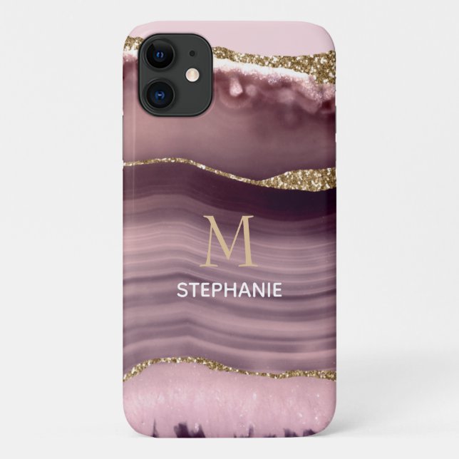 Coques Case-Mate iPhone Géode de monogramme de nom d'agate rose et violet (Dos)