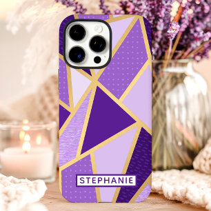 Coque iPhone 16 Pro Max Géométrique Violet Or Nom Personnalisé