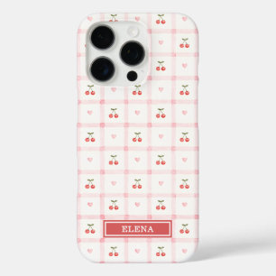 Coque iPhone 16 Pro Gingham Rouge avec Cerises et Rubans Monogrammé