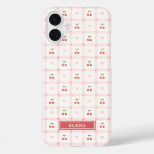 Coque Pour iPhone 16 Plus Gingham Rouge avec Cerises et Rubans Monogrammé