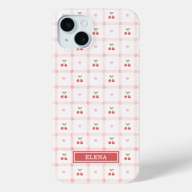 Coques Case-Mate iPhone Gingham Rouge avec Cerises et Rubans Monogrammé (Verso)