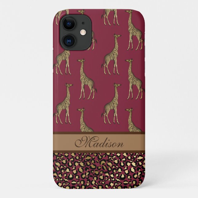Coques Case-Mate iPhone Giraffe d'or Stylish Burgundy Script élégant (Dos)