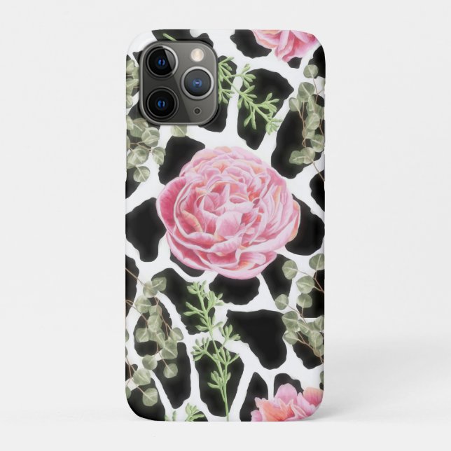 Coques Case-Mate iPhone Giraffe Imprimé noir et blanc avec des roses roses (Dos)