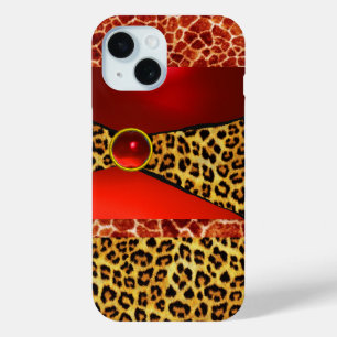 COQUE POUR iPhone 15 GIRAFFE LÉOPARD PEAU ROUGE GIRAFFE IMPRIMÉ GEMSTON