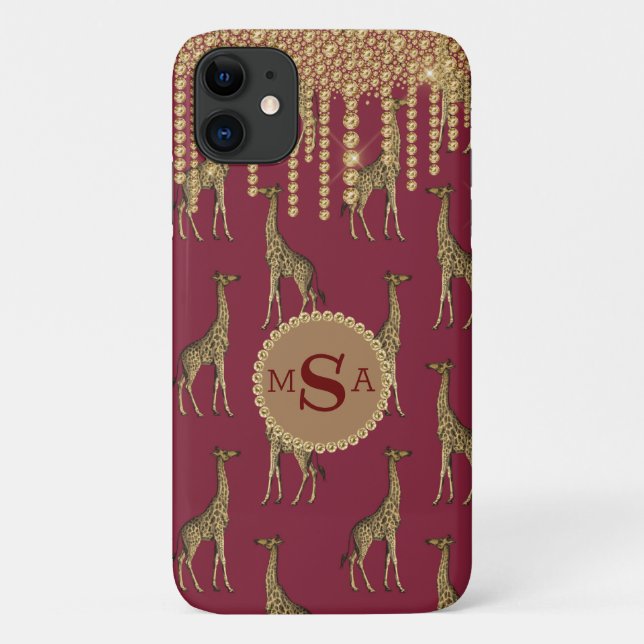 Coques Case-Mate iPhone Giraffe Or Monogramme Bling Bijoux Bourgogne (Dos)
