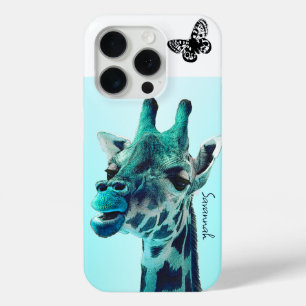 Coque iPhone 15 Pro Giraffe Vintage mignonne lick a Butterfly on Aqua