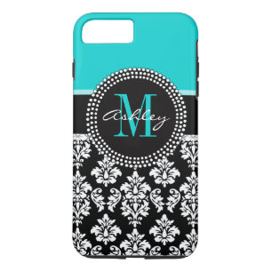 Coque Case-Mate iPhone Girl Aqua Black Damask Votre nom de monogramme
