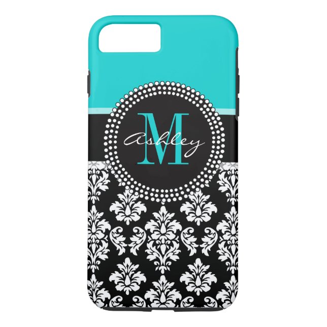 Coques Case-Mate iPhone Girl Aqua Black Damask Votre nom de monogramme (Dos)