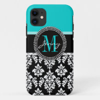 Girl Aqua Black Damask Votre nom de monogramme