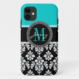 Coque iPhone 11 Girl Aqua Black Damask Votre nom de monogramme