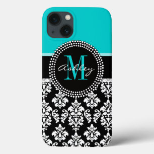 iPhone 13 Coque Girl Aqua Black Damask Votre nom de monogramme