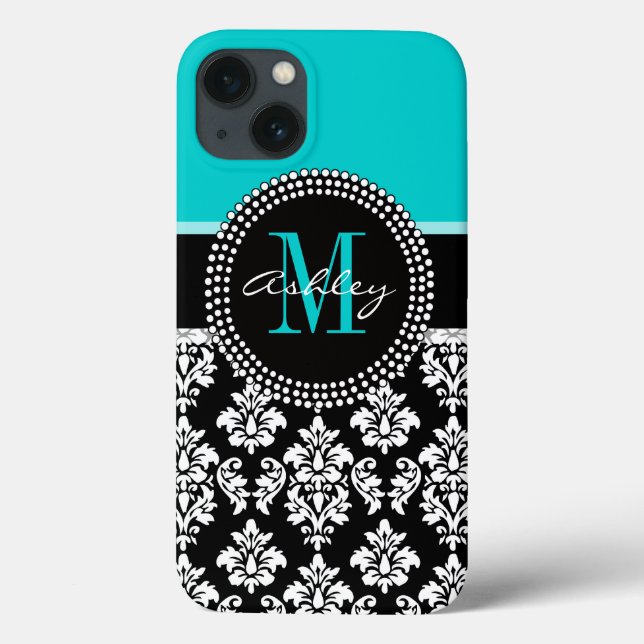 Coques Case-Mate iPhone Girl Aqua Black Damask Votre nom de monogramme (Verso)