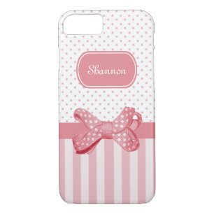 Coque Case-Mate Pour iPhone Girls Rose Stripes Cute Polka Dot Bow Avec Nom