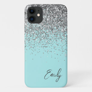 Case-Mate iPhone Case Girly Aqua Bleu Argent Pailleté Monogramme