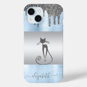Coque Case-Mate iPhone Girly Élégant, Chat Paillettes Gouttes Bleu Métall