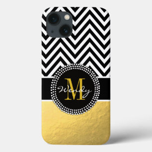iPhone 13 Case Girly Gold and Black Chevron Monogrammed