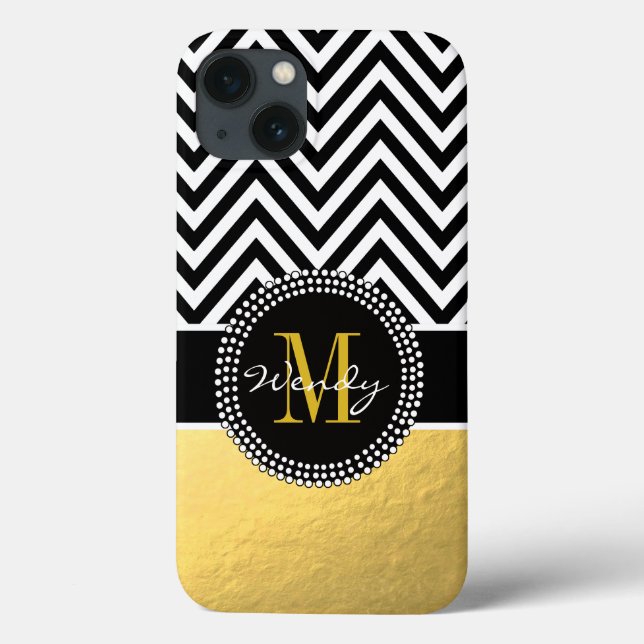 Coques Case-Mate iPhone Girly Gold and Black Chevron Monogrammed (Verso)