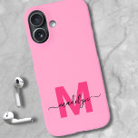 Coque Pour iPhone 16 Girly Pink Elegant Minimal Name Monogram<br><div class="desc">Personalized Hot Pink and Magenta Initial Monogram Phone Case. Add a pop of bright, happy color to your phone with this chic and personalized phone case. Featuring a vibrant pink background and a bold magenta hot pink initial, paired with a sleek black script name, this design combines fun with femininity...</div>